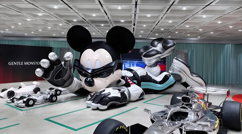 Gentle Monster открыл поп-ап с Микки Маусом в виде гонщика